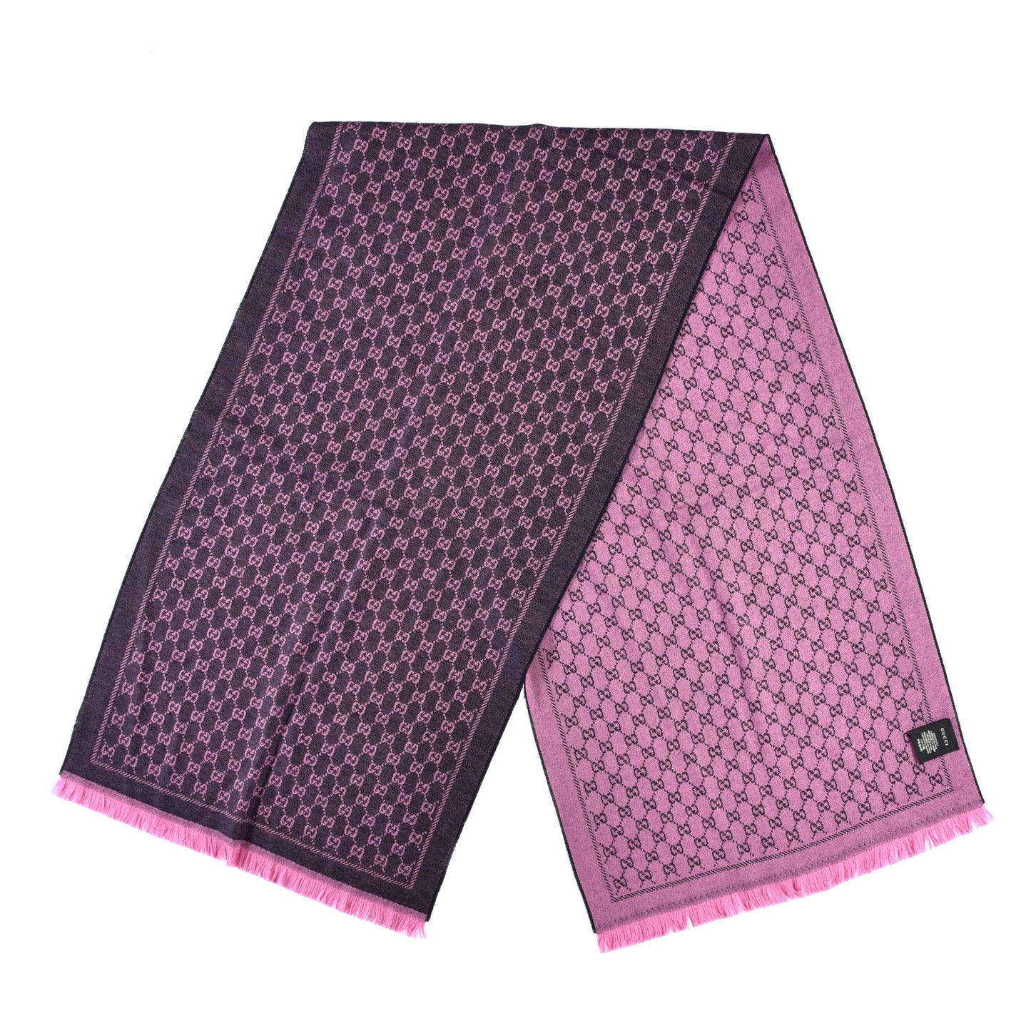 Wool GG Monogram Reversible New Sten Fringe Scarf Midnight Blue Pink