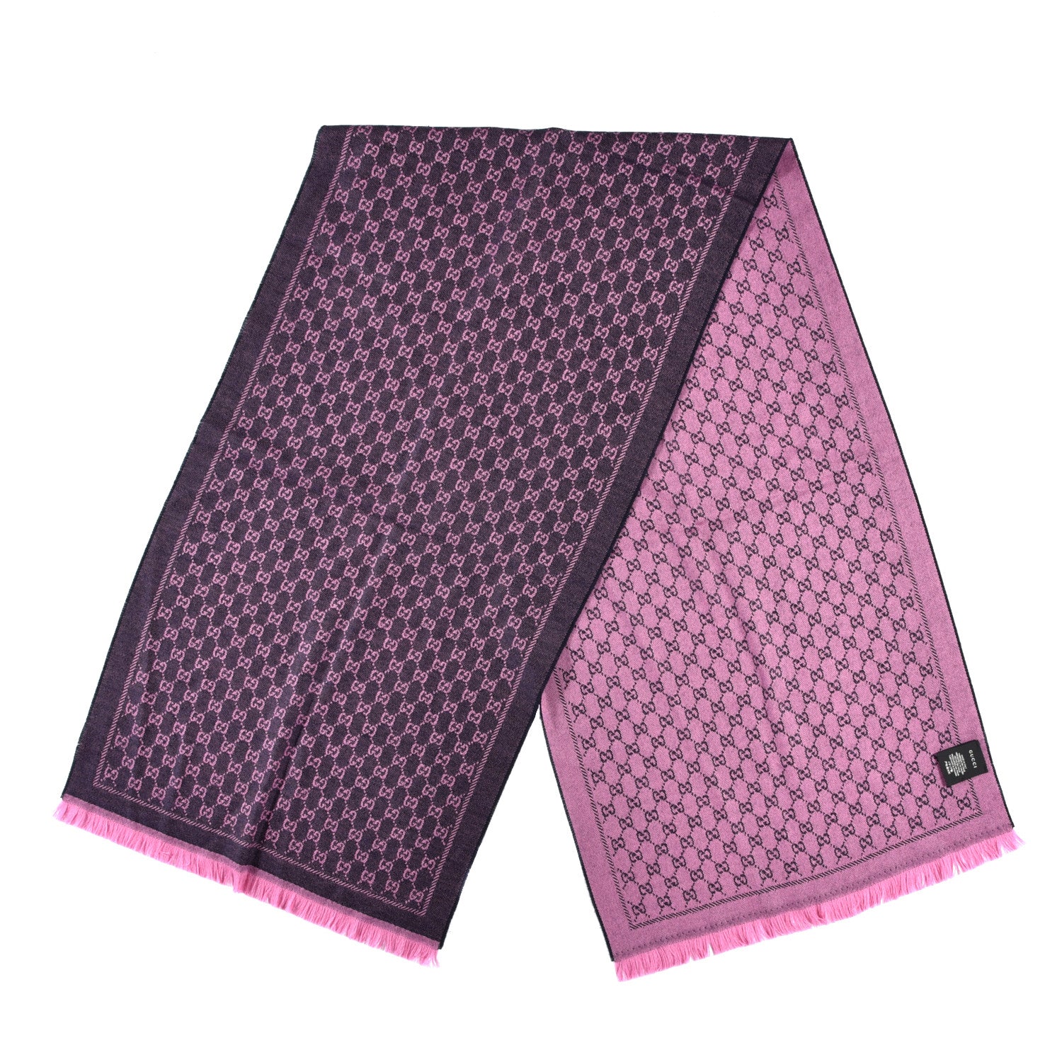 Gucci Wool GG Monogram Reversible New Sten Fringe Scarf Midnight Blue Pink 3 of 5