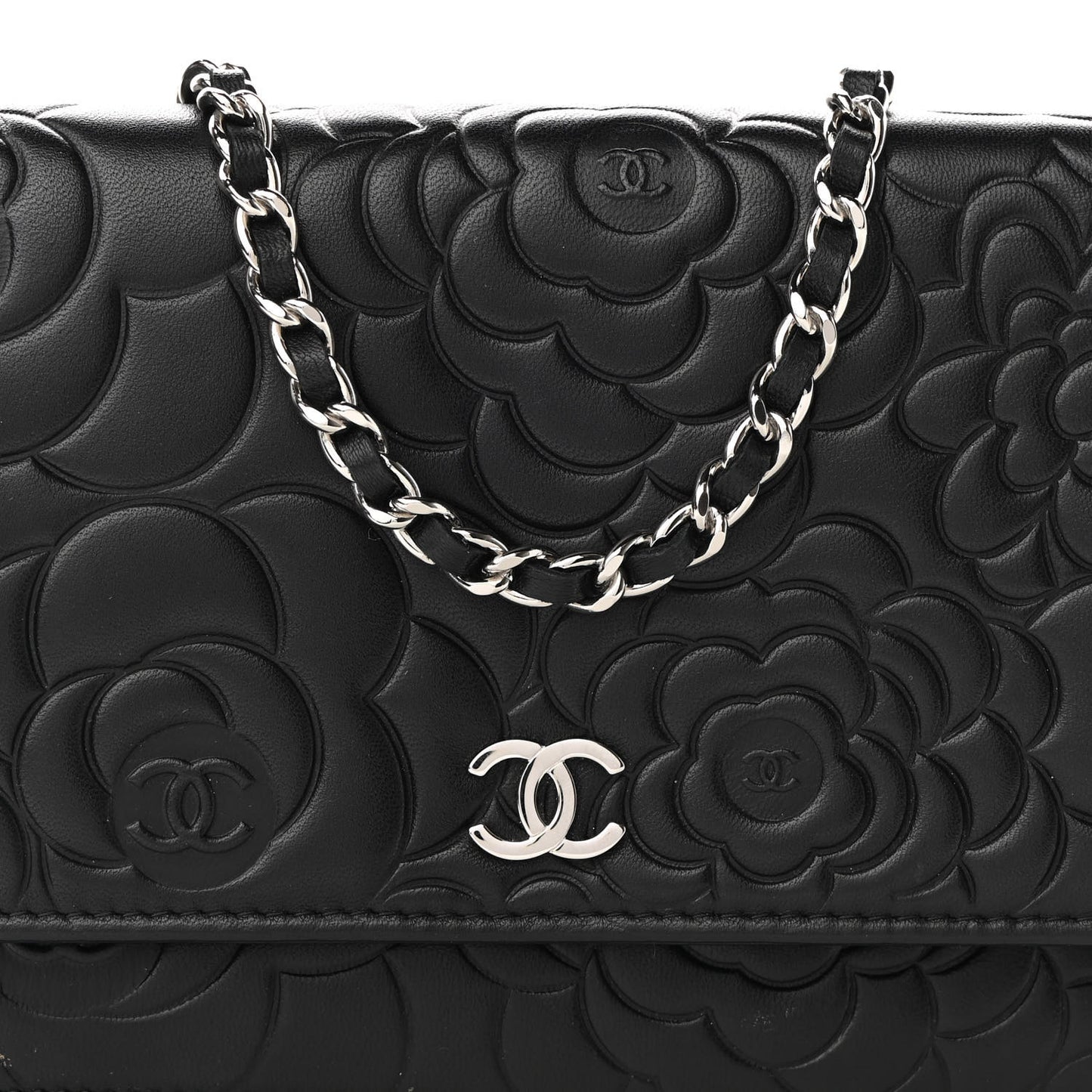 Lambskin Camellia Embossed Wallet on Chain WOC Black