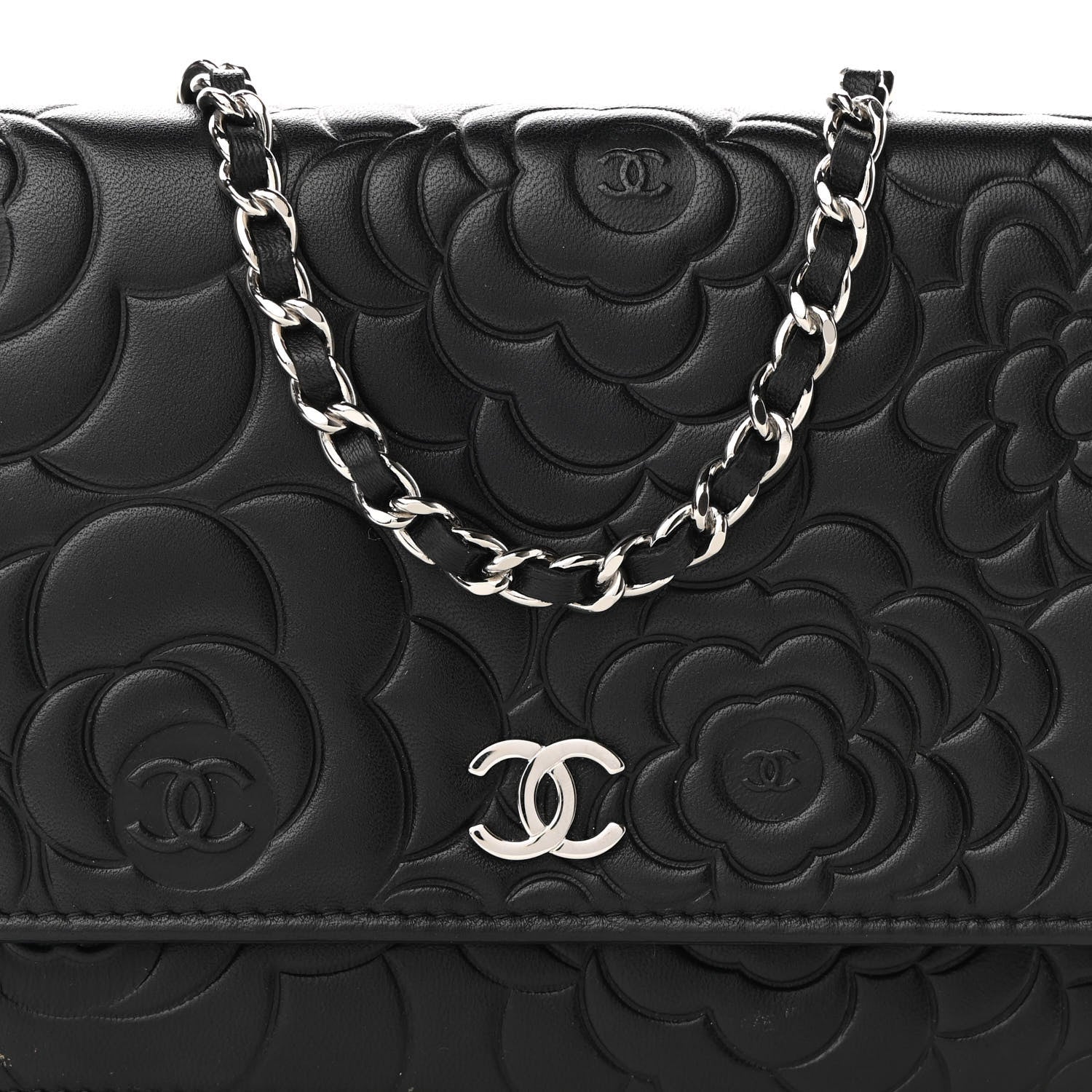 Chanel Lambskin Camellia Embossed Wallet on Chain WOC Black 9 of 11