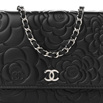 Chanel Lambskin Camellia Embossed Wallet on Chain WOC Black 9 of 11