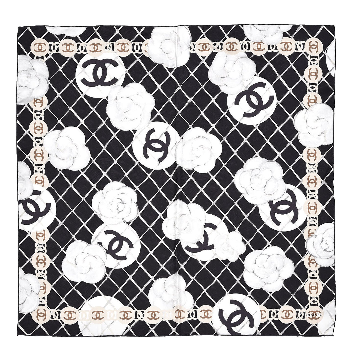 Silk CC Camellia Scarf White Black