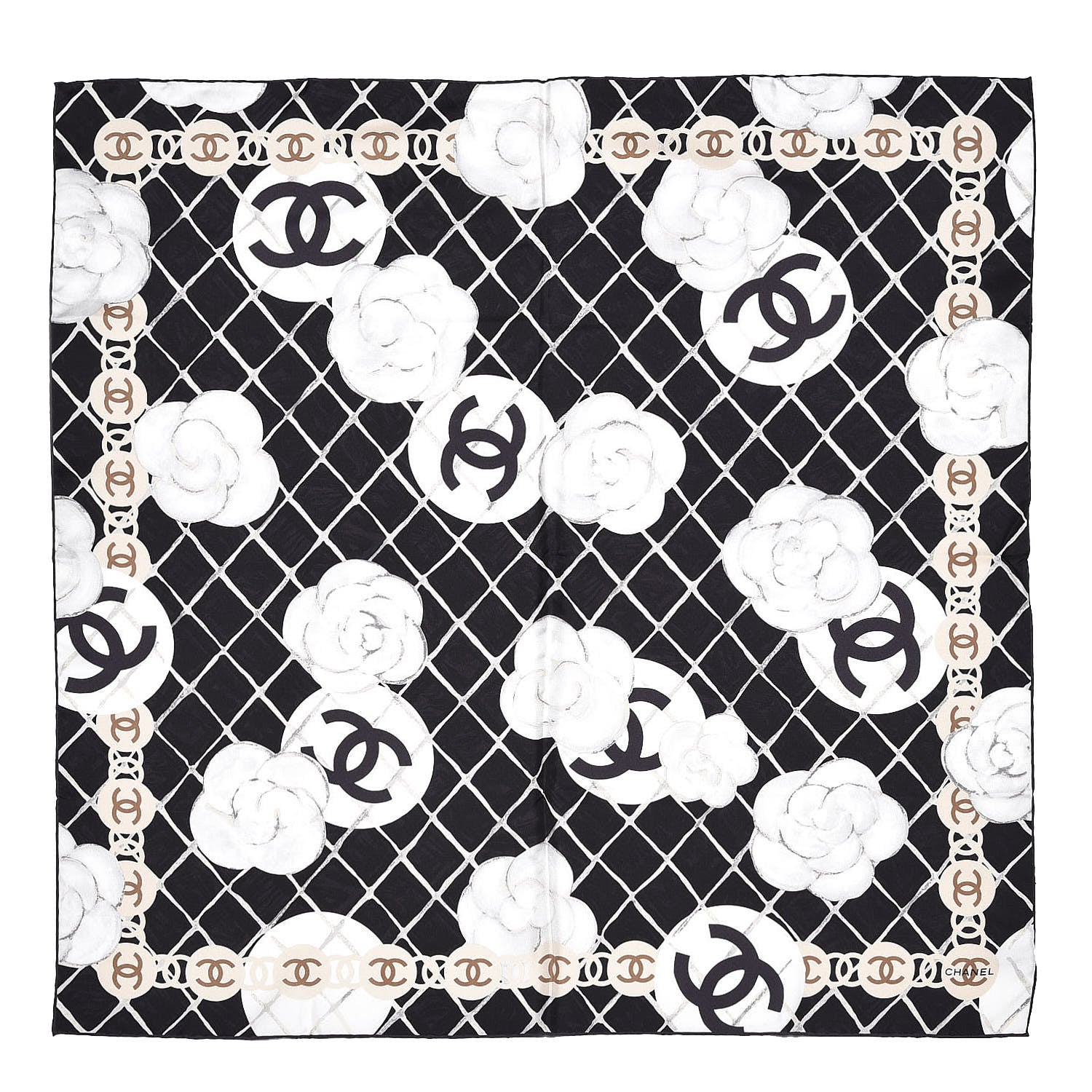 Chanel Silk CC Camellia Scarf White Black 1 of 4