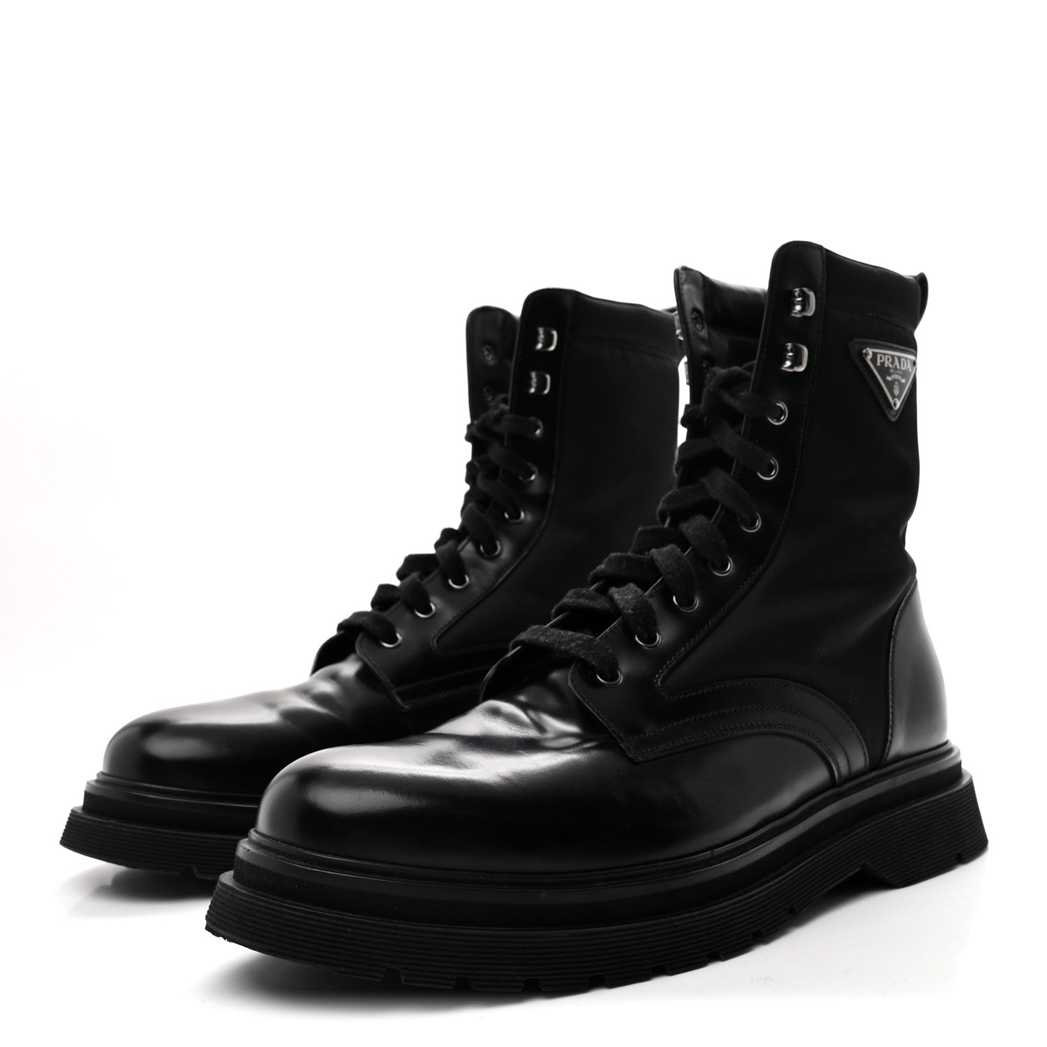 Prada Spazzolato Rois Re-Nylon Metal Triangle Logo Mens 40mm Combat Boots 10 Black 4 of 9