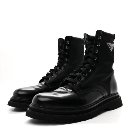 Prada Spazzolato Rois Re-Nylon Metal Triangle Logo Mens 40mm Combat Boots 10 Black 4 of 9