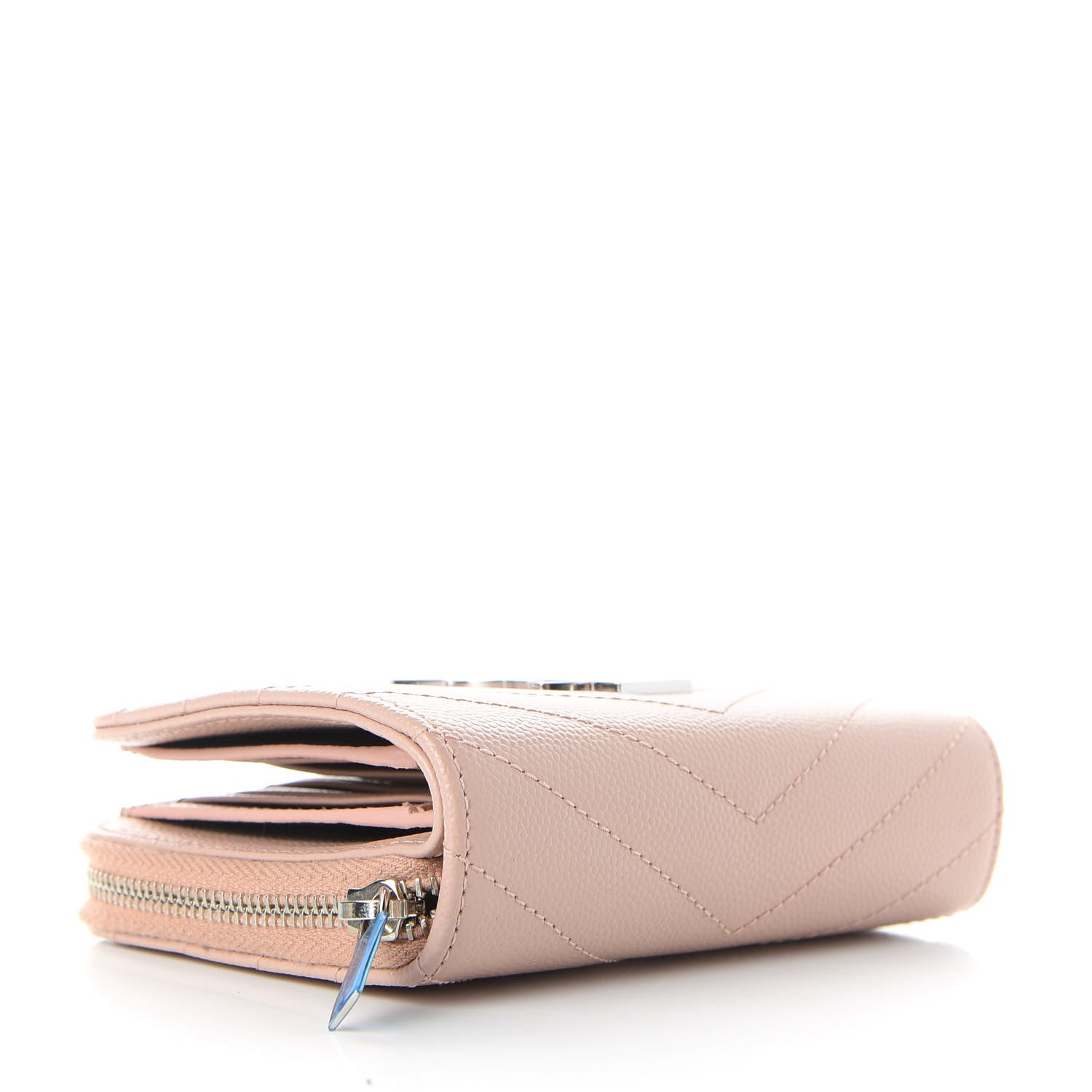 Saint Laurent Grain De Poudre Matelasse Chevron Monogram Compact Zip Around Wallet Pink 4 of 8