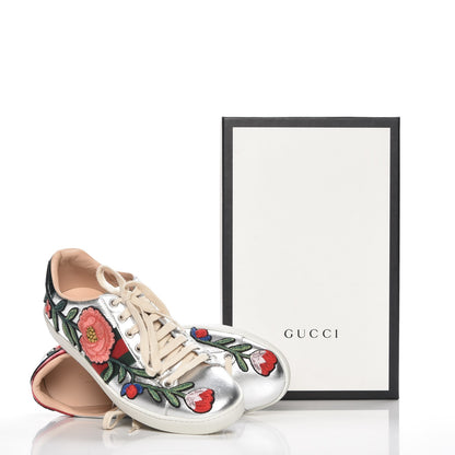 Gucci Metallic Calfskin Floral Embroidered Ace Sneakers 38 Silver 9 of 9