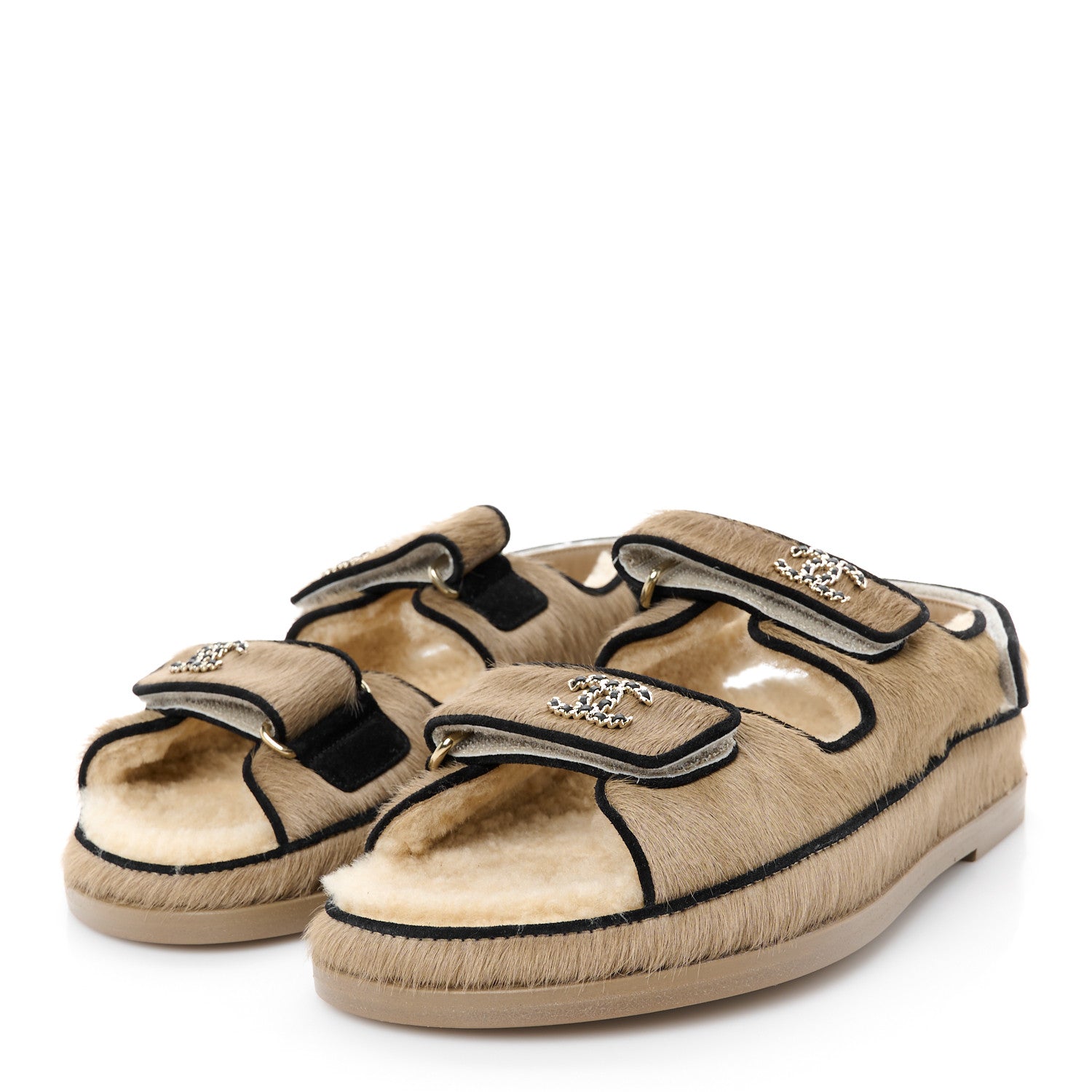 Chanel Calf Hair Suede Shearling Dad Sandals 37.5 Beige 4 of 10