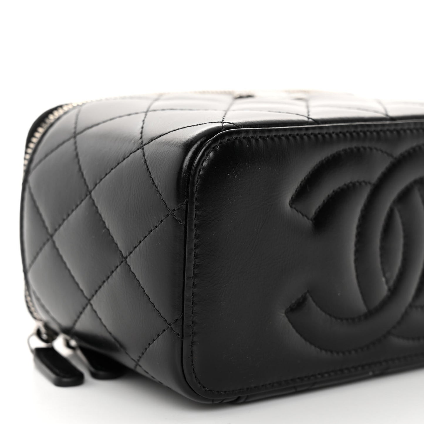 Shiny Crumpled Calfskin Crystal Quilted Precious Handle Vanity Case With Chain Black
