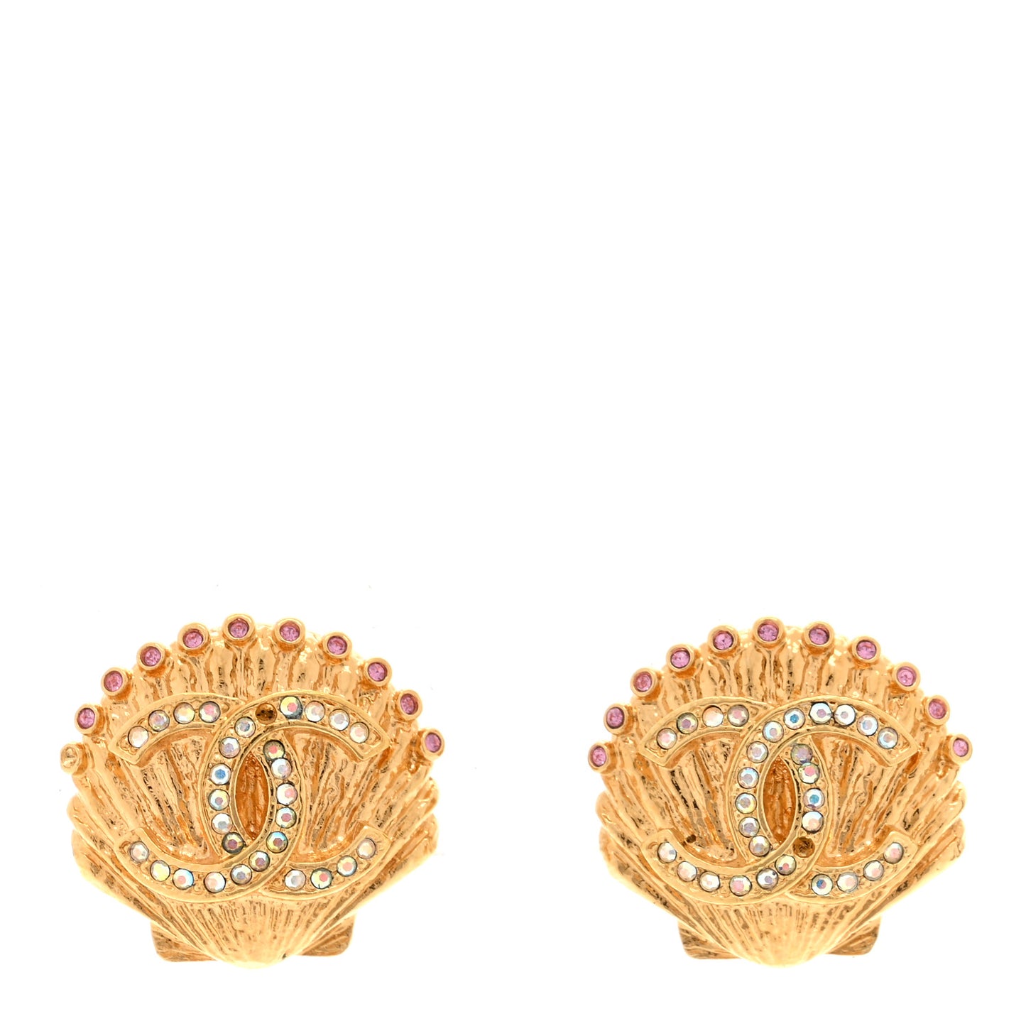 Metal Crystal CC Shell Earrings Gold Pink