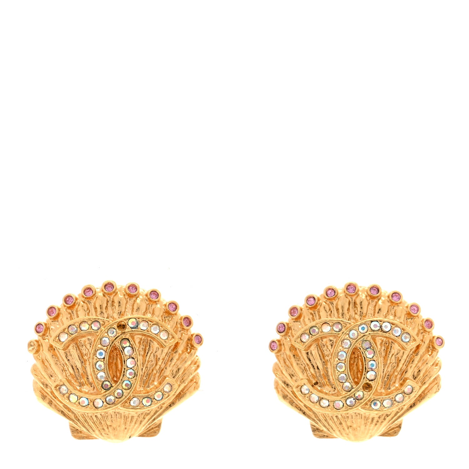 Chanel Metal Crystal CC Shell Earrings Gold Pink 1 of 4