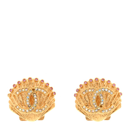 Chanel Metal Crystal CC Shell Earrings Gold Pink 1 of 4