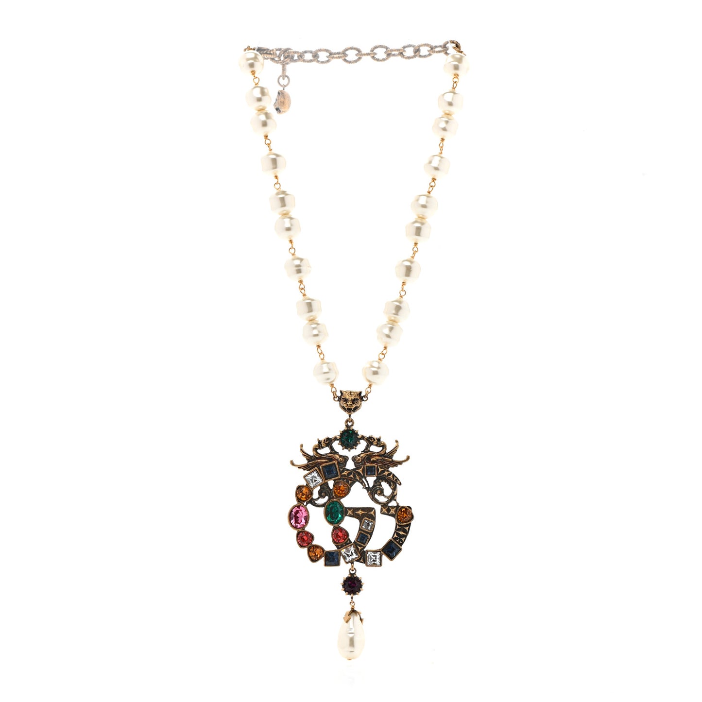 Crystal Pearl Marmont Dragon Necklace Aged Gold Multicolor