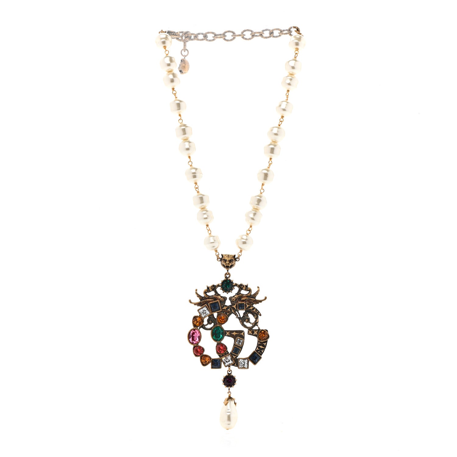 Gucci Crystal Pearl Marmont Dragon Necklace Aged Gold Multicolor 3 of 7