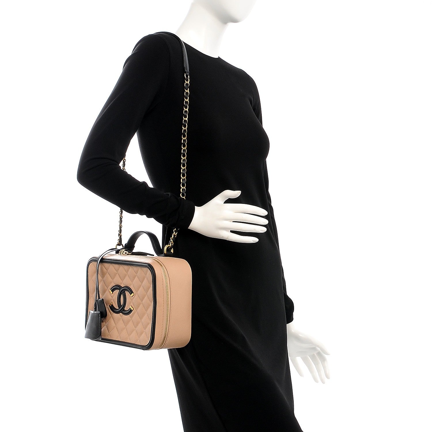 Chanel Caviar Quilted Large CC Filigree Vanity Case Beige Black 2 of 9