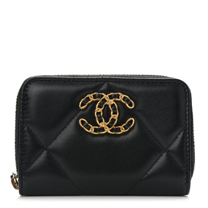 Chanel Lambskin Quilted Chanel 19 Zip Around Coin Purse Wallet Black 1 of 8