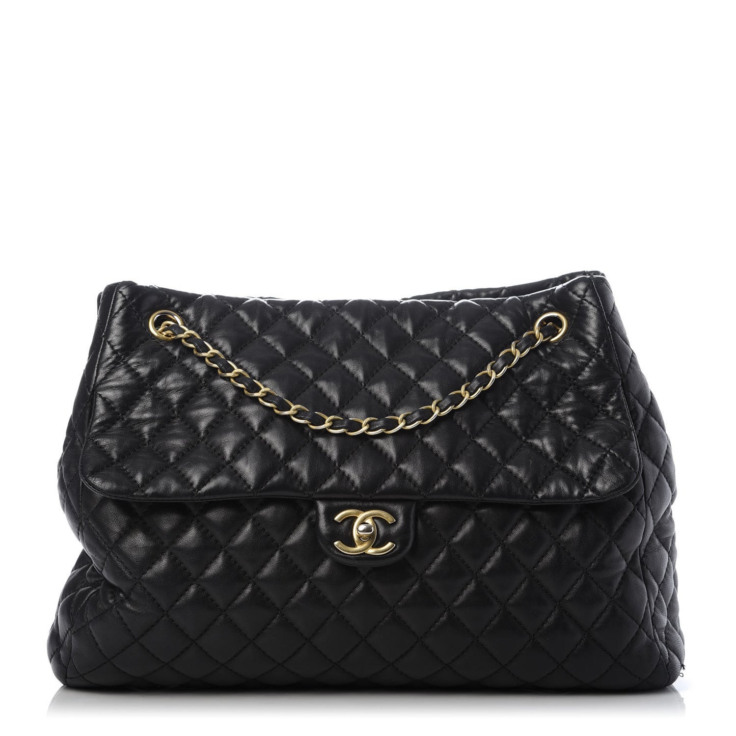 Lambskin Quilted Large Fluffy CC Shopping Tote Black