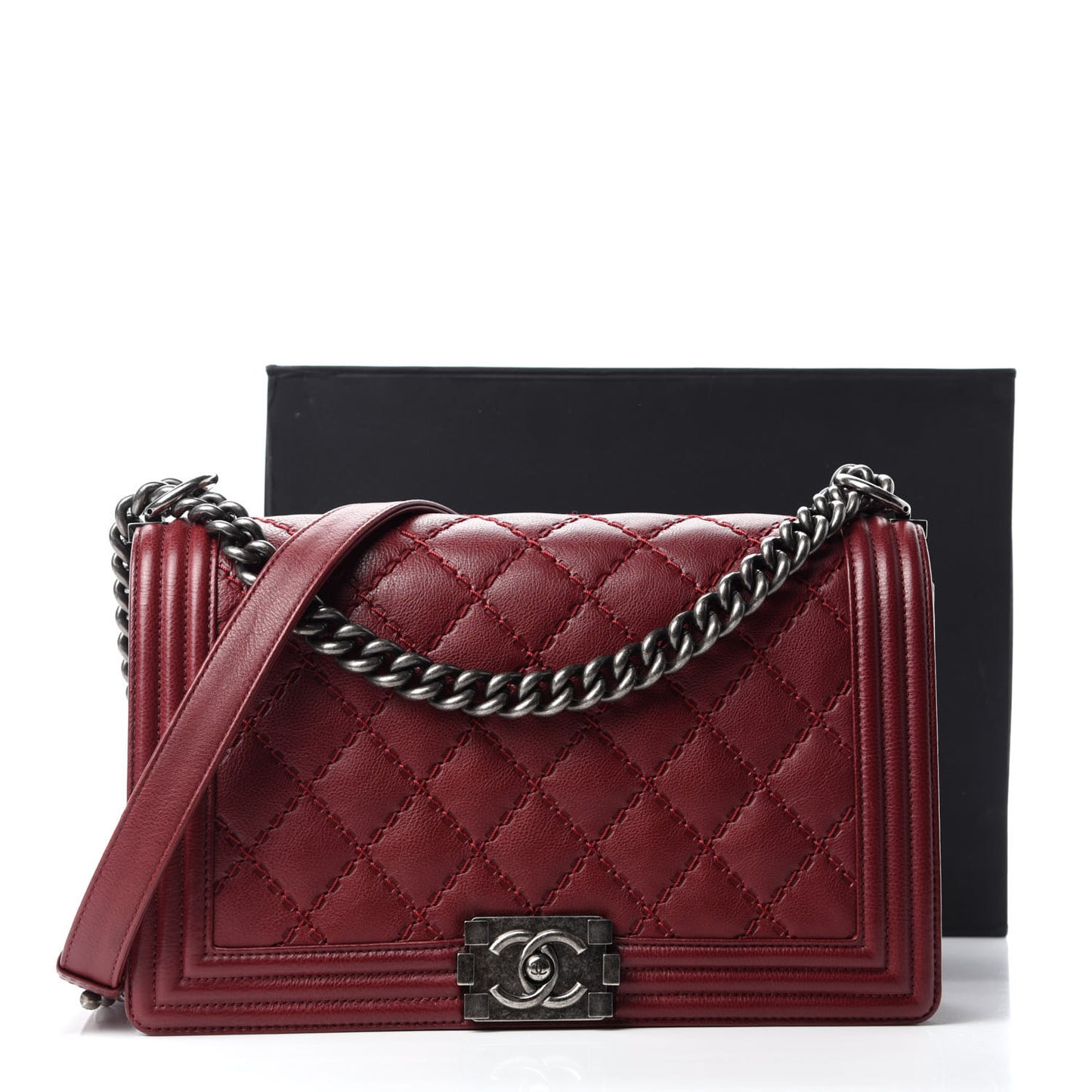 Calfskin Quilted Double Stitch New Medium Boy Flap Burgundy