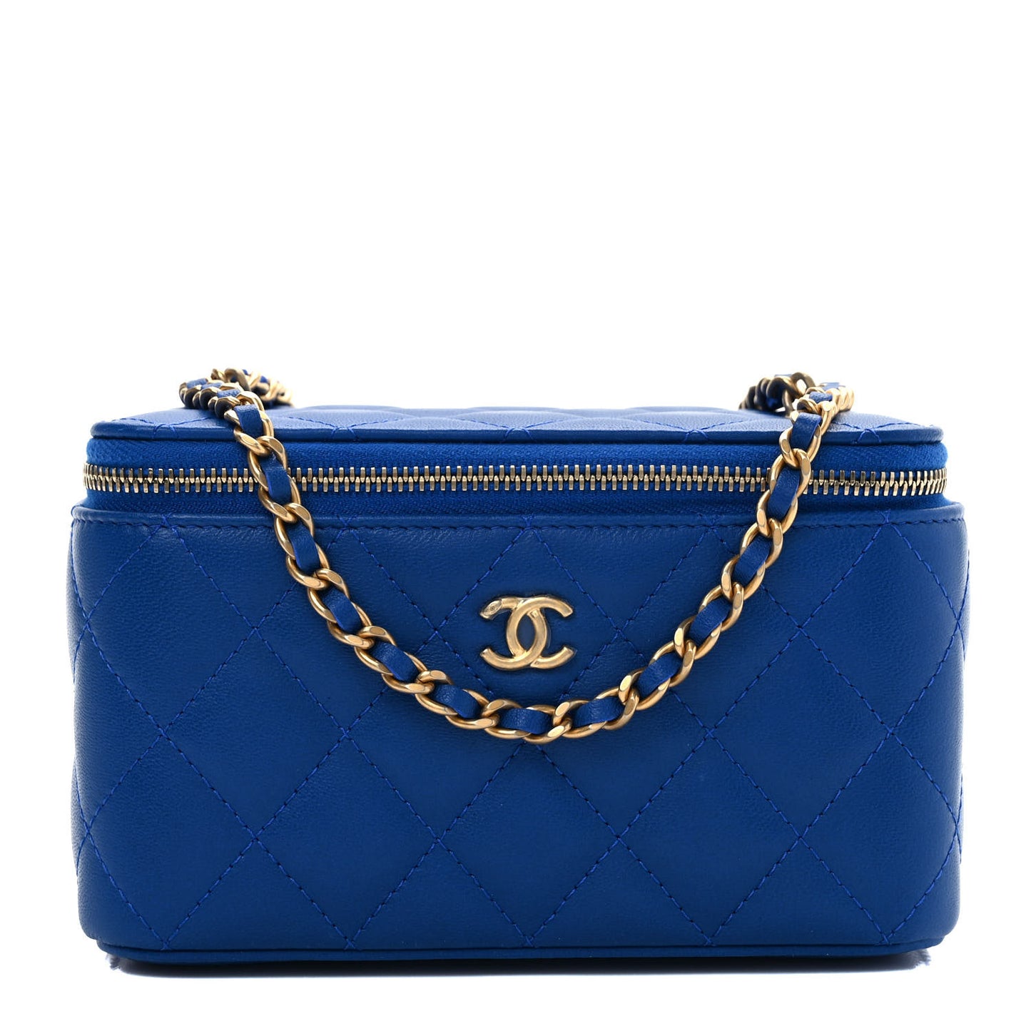 Lambskin Quilted Pearl Crush Small Vanity Case With Chain Blue
