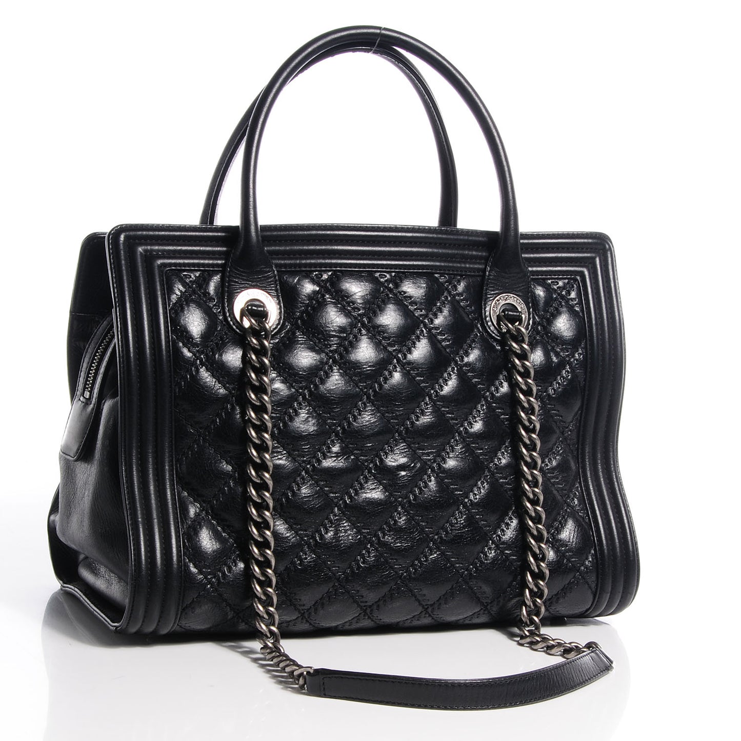 Calfskin Quilted Double Stitch Large Boy Tote Black