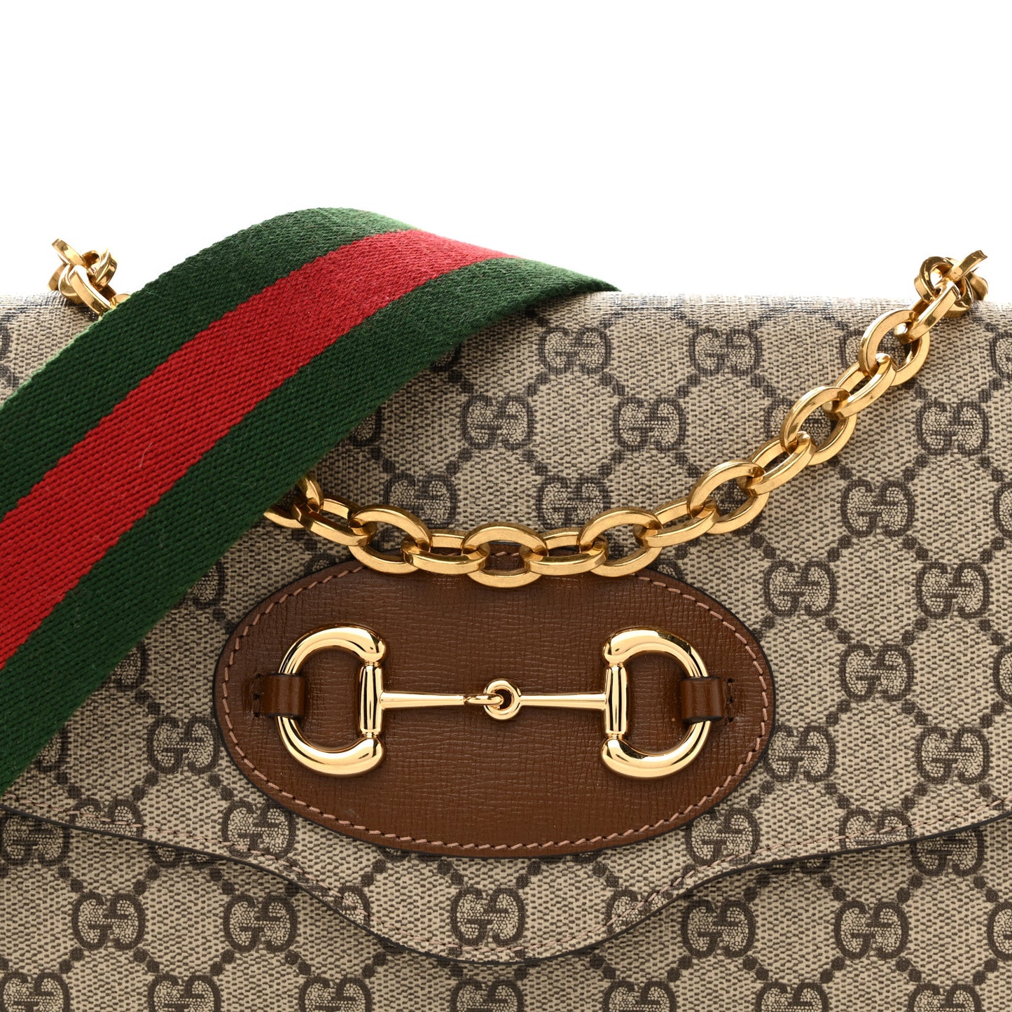 GG Supreme Monogram Azalea Calfskin Web Small Horsebit 1955 Crossbody Bag Beige Ebony Brown Sugar
