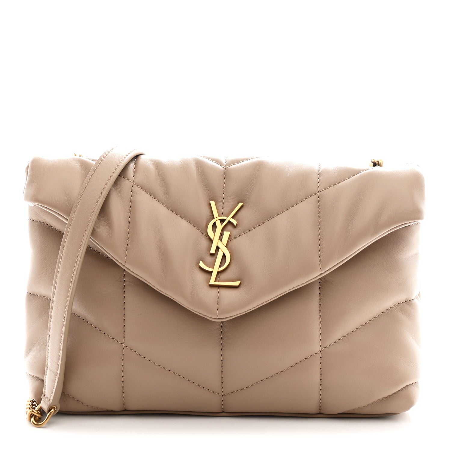 Saint Laurent Lambskin Quilted Toy Loulou Puffer Monogram Chain Satchel Dark Beige 1 of 11