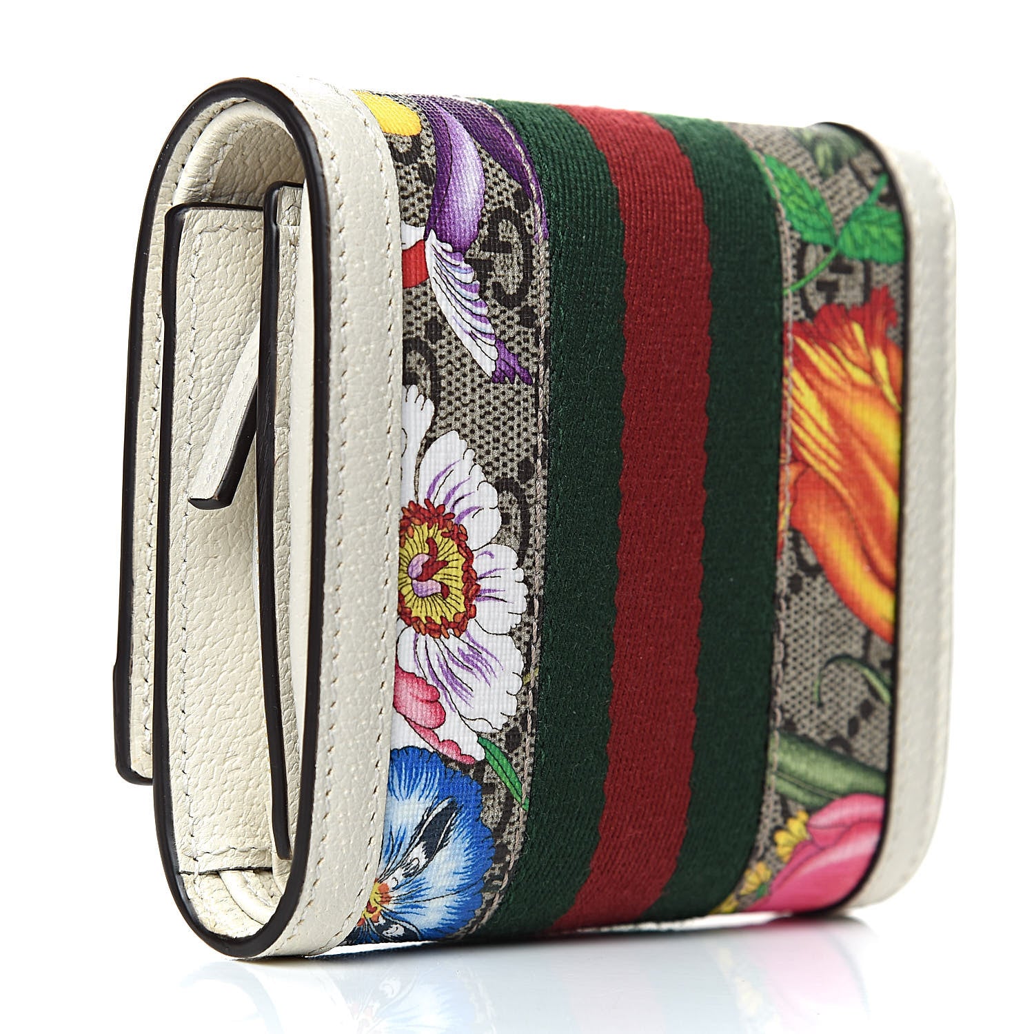 Gucci GG Supreme Monogram Flora Textured Calfskin Web Ophidia Card Case Wallet Beige Ebony Multicolor Mystic White 3 of 7