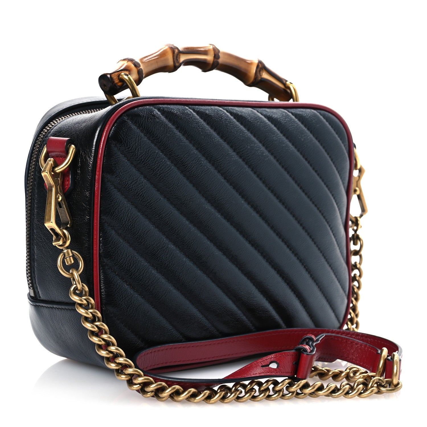 Gucci Vintage Effect Calfskin Matelasse Diagonal Small Torchon GG Marmont Bamboo Top Handle Shoulder Bag Black Romantic Cherry 3 of 10