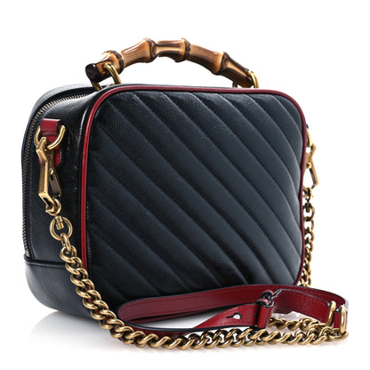 Gucci Vintage Effect Calfskin Matelasse Diagonal Small Torchon GG Marmont Bamboo Top Handle Shoulder Bag Black Romantic Cherry 3 of 10