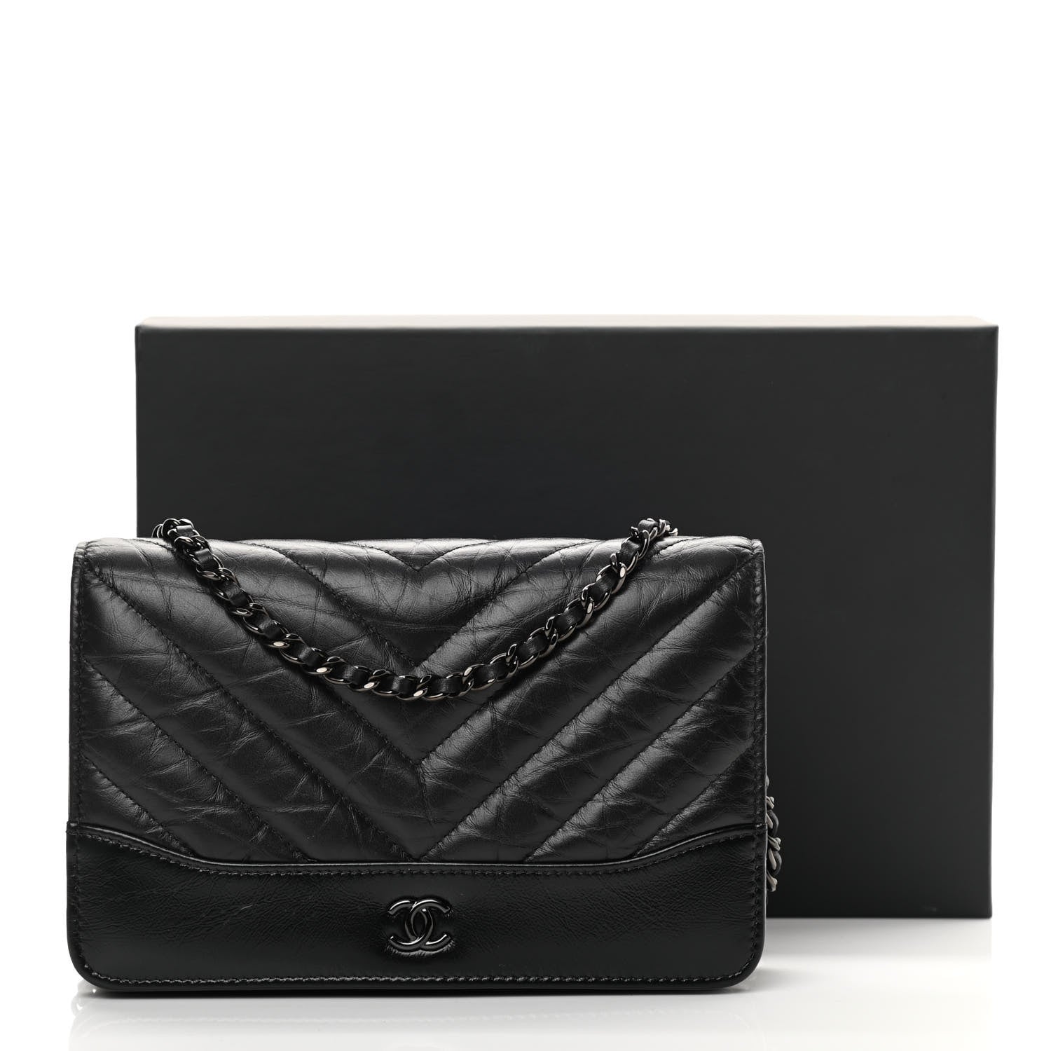 Chanel Aged Calfskin Chevron Quilted Gabrielle Wallet On Chain WOC Black 15 of 15