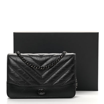 Chanel Aged Calfskin Chevron Quilted Gabrielle Wallet On Chain WOC Black 15 of 15