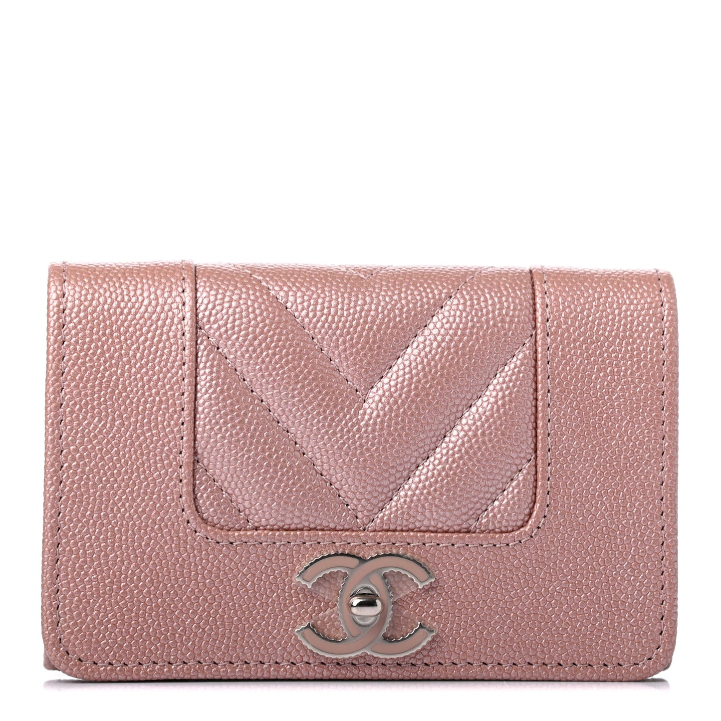 Metallic Caviar Chevron Quilted Vintage Mademoiselle Flap Card Holder Pink