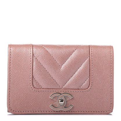 Chanel Metallic Caviar Chevron Quilted Vintage Mademoiselle Flap Card Holder Pink 1 of 4