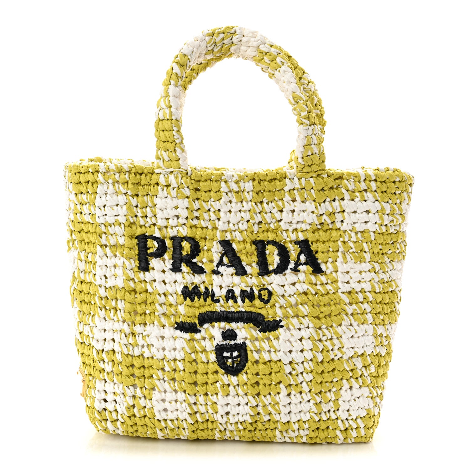 Prada Yarn Raffia Effect Crochet Embroidered Small Logo Tote Citron Yellow 1 of 9