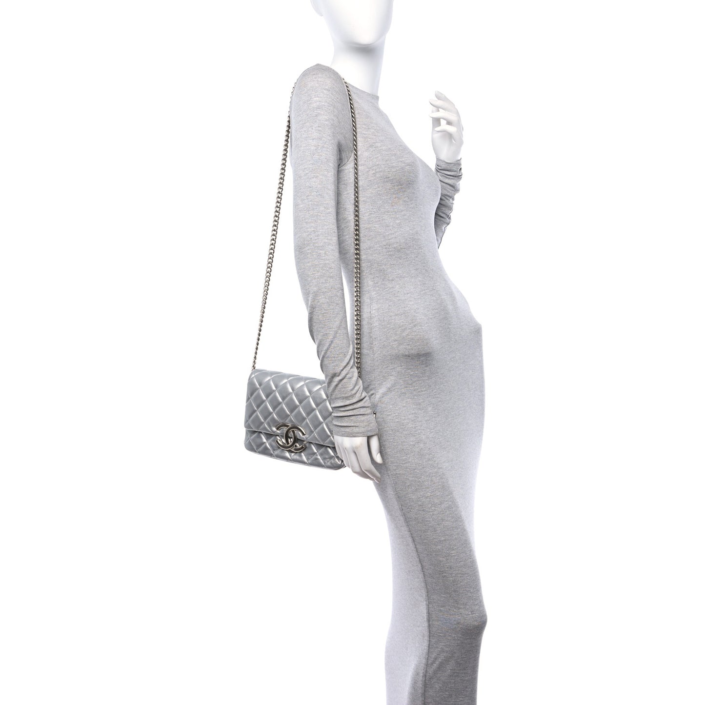 Metallic Lambskin Quilted Mini Maxi CC Flap Argent
