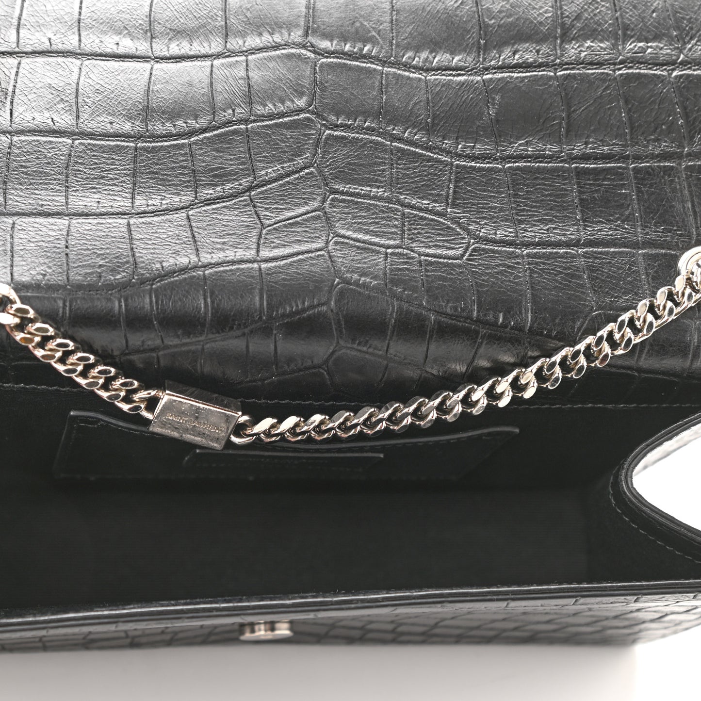 Calfskin Crocodile Embossed Medium Classic Monogram Kate Tassel Satchel Black