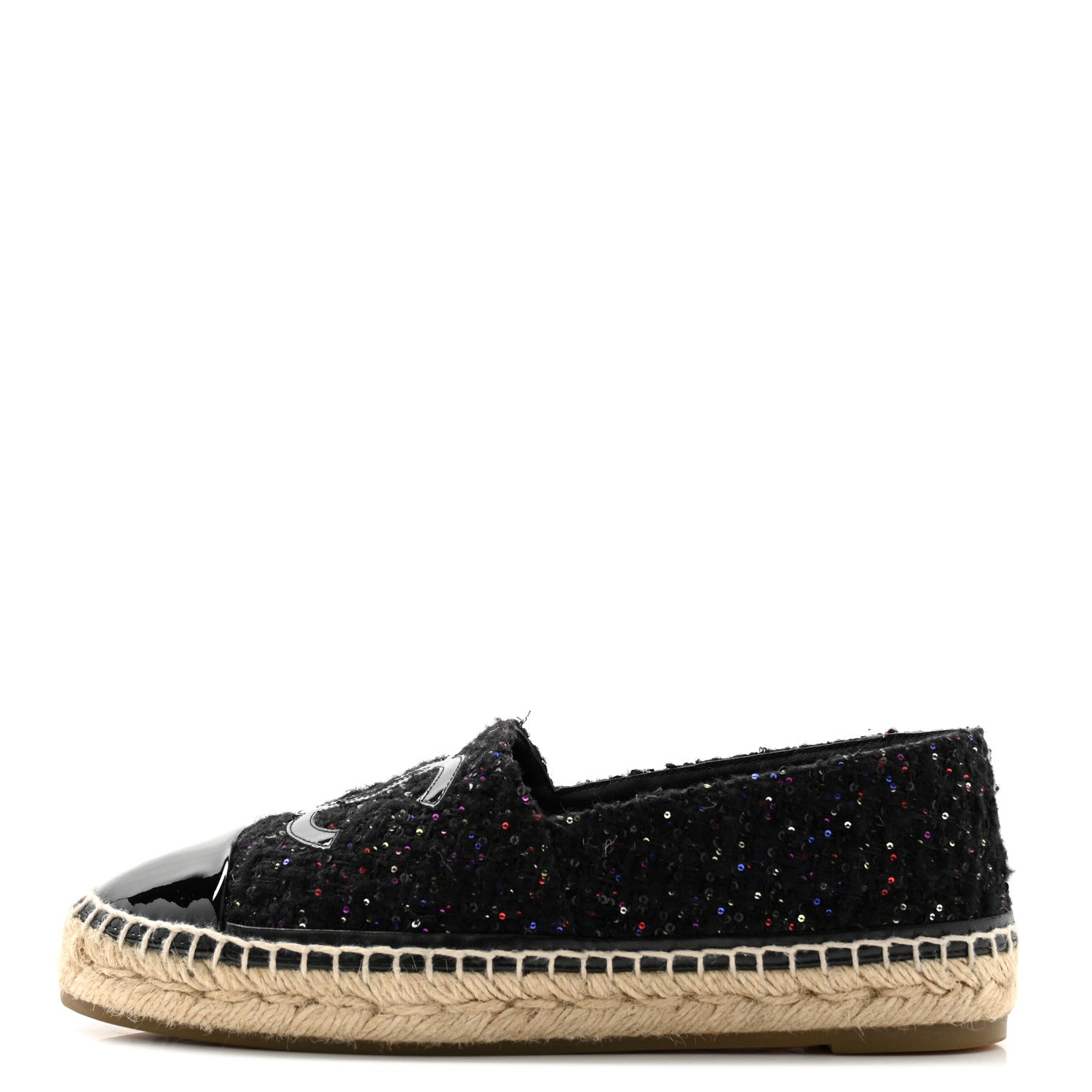 Chanel Tweed Patent Goatskin Sequin CC Espadrilles 38 Black 1 of 9