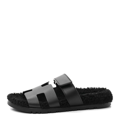 Hermes Calfskin Woolskin Womens Chypre Sandals 38 Black 1 of 8
