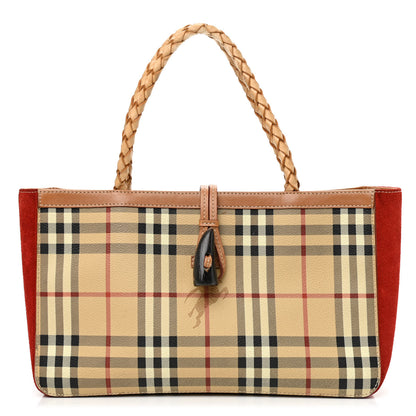 Burberry Haymarket Check Suede Horn Toggle Shoulder Bag Red 1 of 9