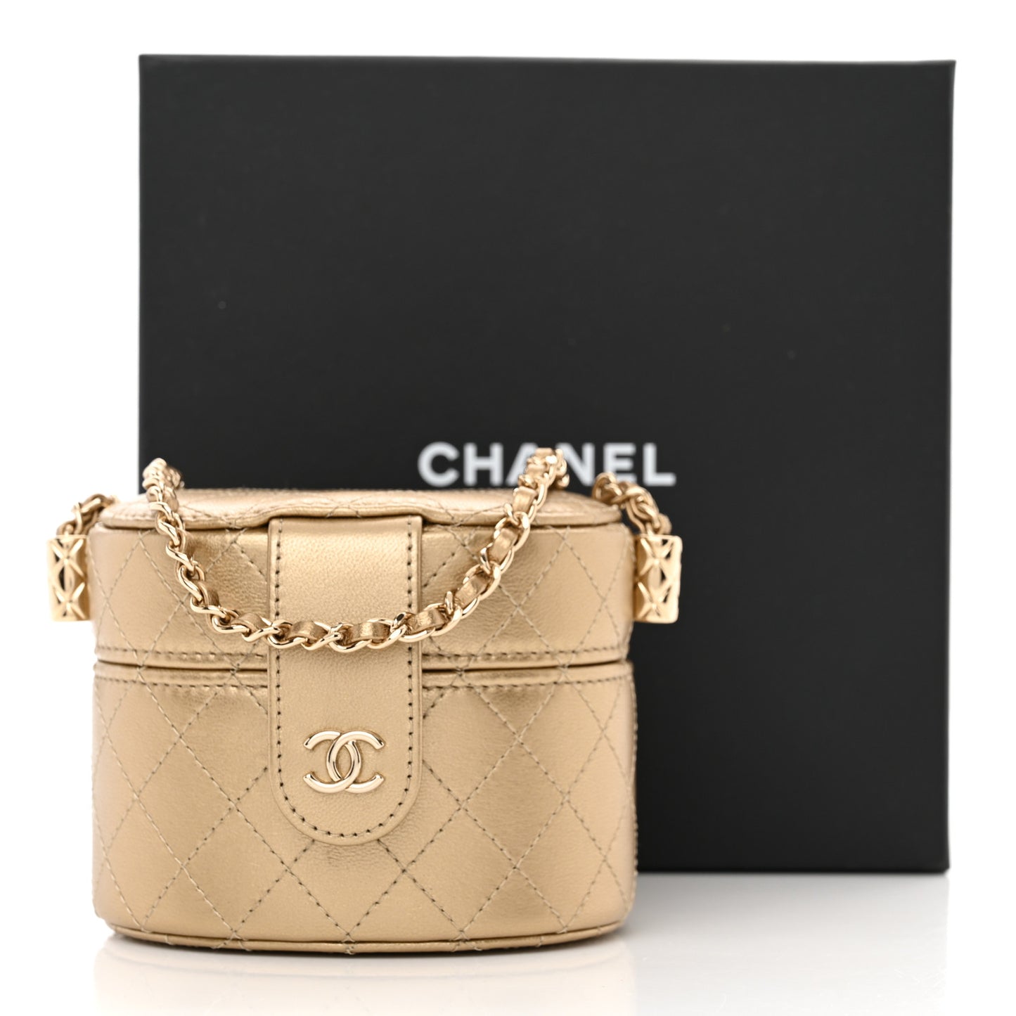 Metallic Lambskin Quilted Round Mini Vanity Case With Chain Gold