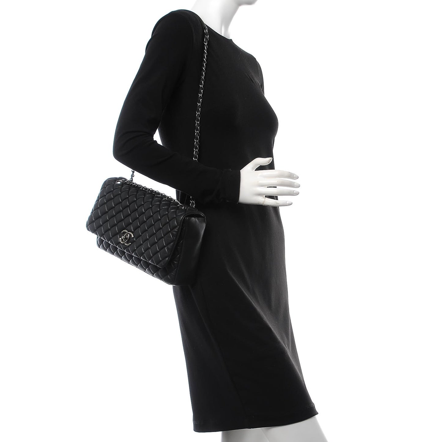 Iridescent Calfskin Quilted Large New Bubble Flap Black