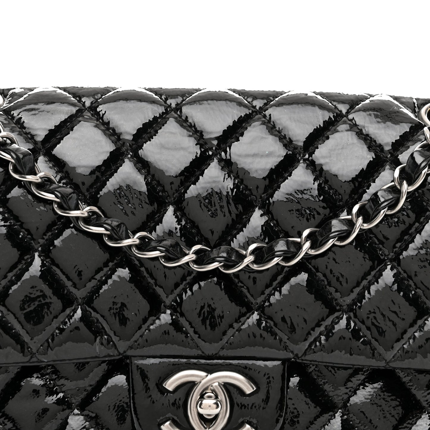 Distressed Patent Quilted Medium Double Flap Black