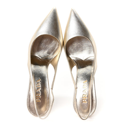 Prada Metallic Calfskin Metal Triangle Logo 85mm Slingback Pumps 35 Platino 2 of 9