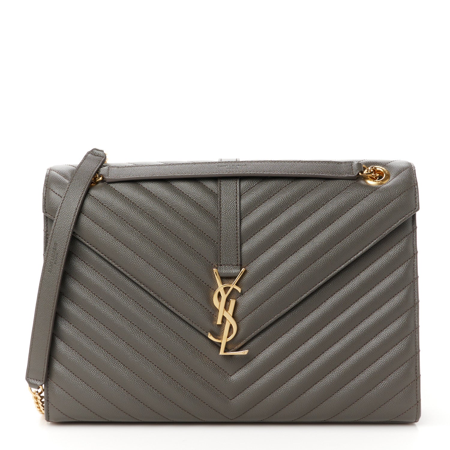 Saint Laurent Grain De Poudre Matelasse Chevron Large Monogram Satchel Earth 1 of 11
