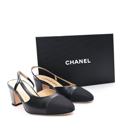 Chanel Goatskin Grosgrain Cap Toe CC Slingback Pumps 36 Black 10 of 10