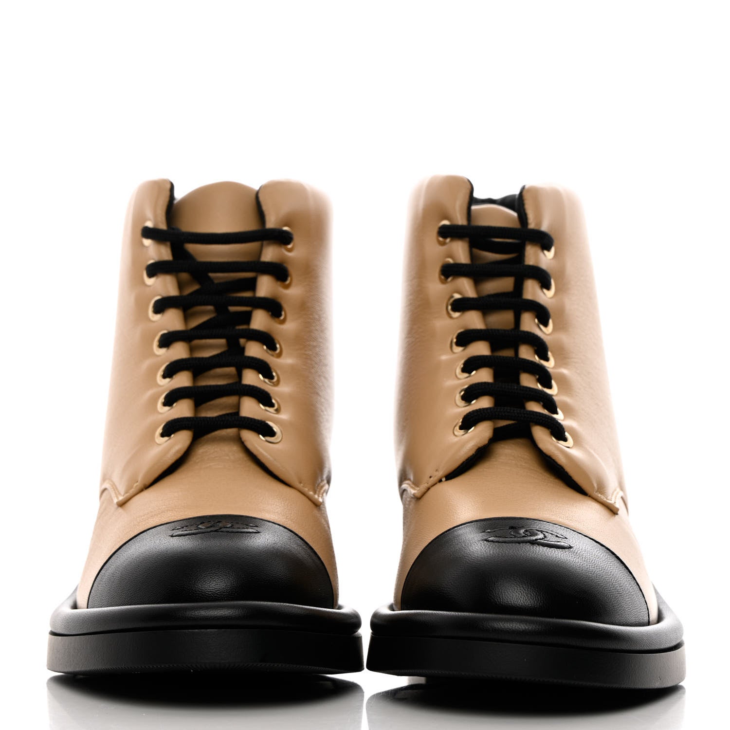 Chanel Lambskin Lace Up Combat Boots 38 Beige Black 2 of 12
