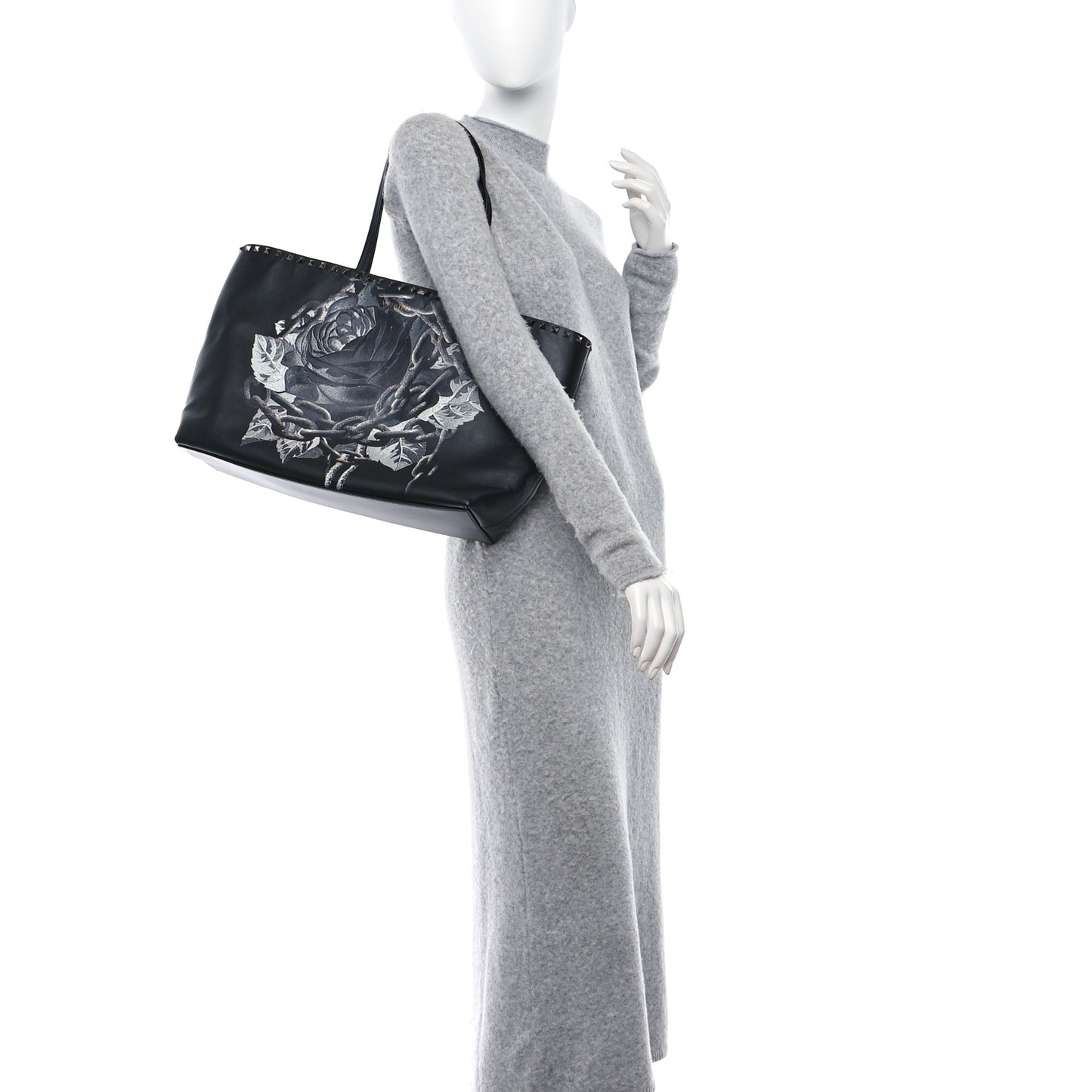 X UNDERCOVER Calfskin Print Rockstud Shoulder Tote Black