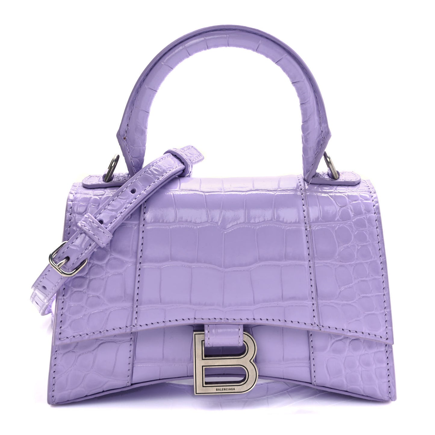 Shiny Calfskin Crocodile Embossed Hourglass Top Handle Bag XS Lilac