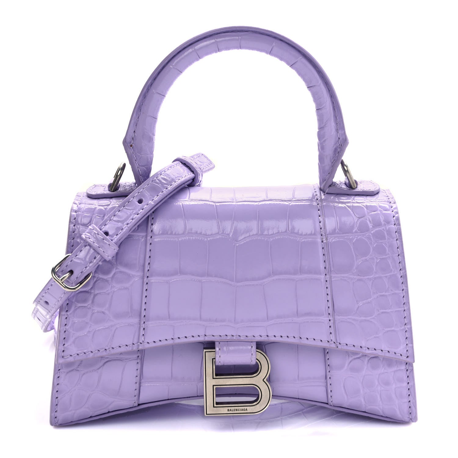 Balenciaga Shiny Calfskin Crocodile Embossed Hourglass Top Handle Bag XS Lilac 1 of 7