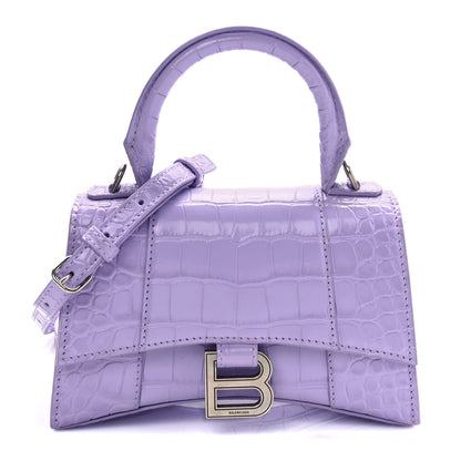Balenciaga Shiny Calfskin Crocodile Embossed Hourglass Top Handle Bag XS Lilac 1 of 7